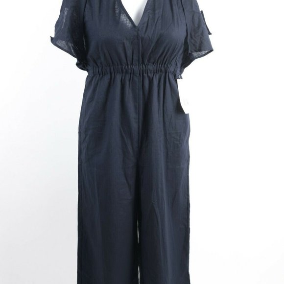 Zara Womens Rustic Jumpsuit Pants Linen Navy Blue - Picture 3 of 8